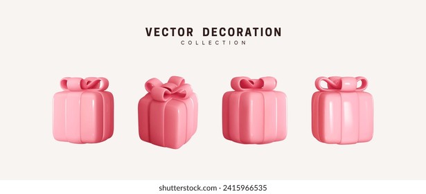 Set of realistic 3d gifts box. Holiday decoration presents. Festive gift surprise. Decor Isolated boxes. Vector illustration