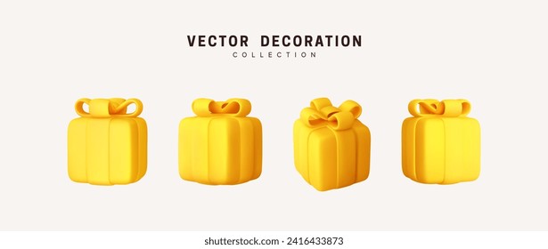 Set of realistic 3d gifts box. Holiday decoration presents. Festive gift surprise. Decor Isolated boxes. Vector illustration