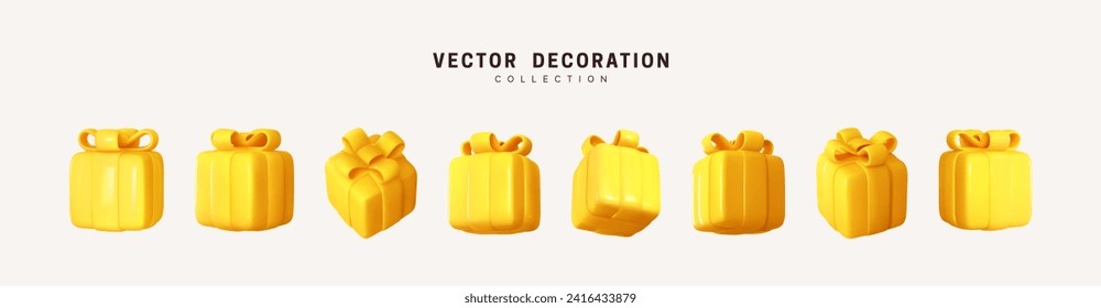 Set of realistic 3d gifts box. Holiday decoration presents. Festive gift surprise. Decor Isolated boxes. Vector illustration