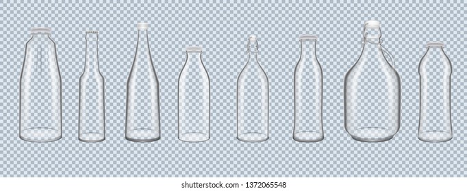 Set of realistic 3D glass bottles, cans of various shapes and volumes, on transparent background. Glass jars, bottles for canning, for dairy products, desserts, drinks transparent vector illustration