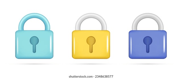 Set of realistic 3d glossy closed lock icon. Data protection, 3d locked padlock element, protected symbol, security icon, safety sign, privacy concept. Vector illustration isolated on white background