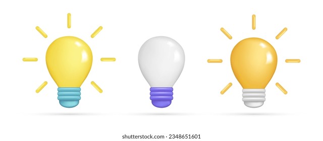 Set of realistic 3d glossy light bulb with rays of light. Cartoon 3d glass lightbulb, business success concept, creativity idea symbol, thinking icon. Vector illustration isolated on white background