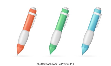 Set of realistic 3d glossy pen, mechanical ballpoint pen. Cartoon 3d stationery attribute, education concept, drawing symbol, writing icon. Vector illustration isolated on white background