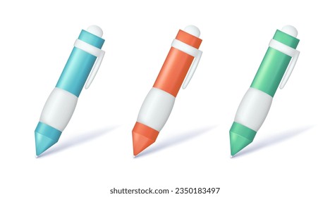 Set de pluma lustrosa 3d realista, bolígrafo mecánico. Atributo de papel 3d de dibujos animados, concepto educativo, símbolo de dibujo, icono de escritura. Ilustración del vector aislada en fondo blanco