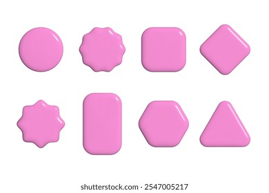 Set of realistic 3d glossy plastic geometric shape pink buttons isolated vector illustration