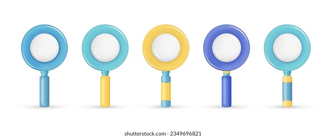 Set of realistic 3d glossy search icon, loupe search. Decorative colorful magnifier finding 3d element, research icon, magnifying glass symbol. Vector illustration isolated on white background