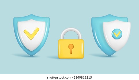 Set of realistic 3d glossy security safe icon with checkmark and padlock. Customer 3d cartoon guaranteed protection symbol, quality protected shield emblem. Vector illustration on blue background