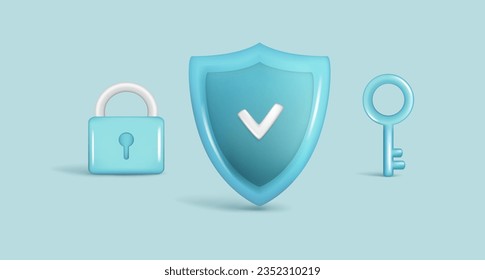 Set of realistic 3d glossy security safe icon with checkmark, padlock, key. Customer 3d cartoon guaranteed protection symbol, quality protected shield emblem. Vector illustration on blue background