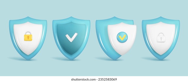 Set of realistic 3d glossy security safe icon with checkmark and padlock. Customer 3d cartoon guaranteed protection symbol, quality protected shield emblem. Vector illustration on blue background