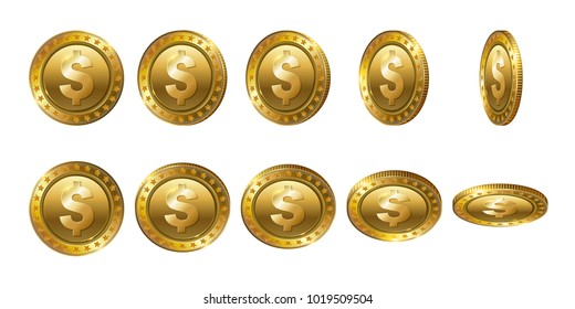 Set of realistic 3d gold dollar coins. Flip Different Angles.
Cash money symbol. Finance Investment Concept of Money.  
Logo, icon, sign isolated on white background. 
Vector