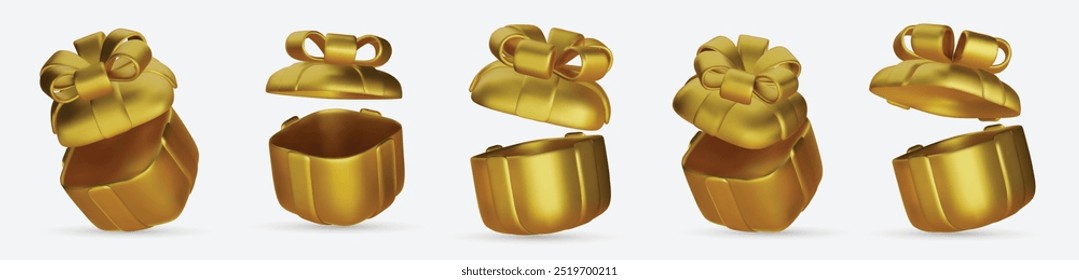 Set of Realistic 3d gold gift box with golden ribbons isolated on a white background 3d render flying modern holiday surprise box. Festive decorative 3d render object Realistic vector decor