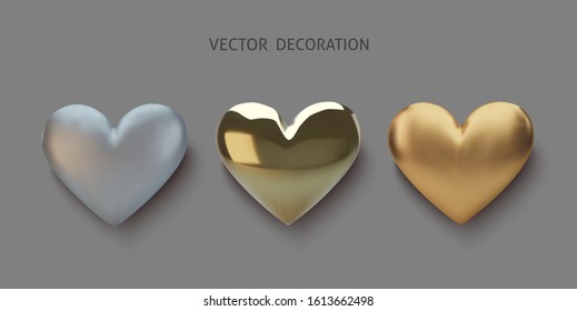 Set Realistic 3d gold and silver heart. Happy Valentines Day greeting card. Love and wedding. Graphic element for design. Vector illustration