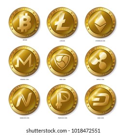 Set of Realistic 3d golden Bitcoin, Litecoin, Ethereum,
Dash, Monero, Namecoin, Nem, Peercoin, Ripple coins.
Banking and block chain concept. 
Modern flat style isolated on white background. Vector
