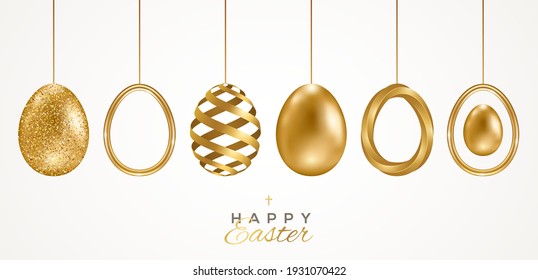 Set of realistic 3d golden Easter eggs isolated on white background. Vector illustration. Poster, holiday banner, flyer or greeting voucher, brochures design template layout. Place for text.