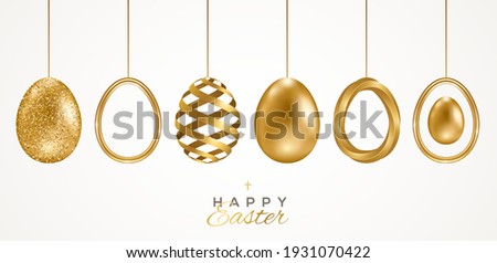 Set of realistic 3d golden Easter eggs isolated on white background. Vector illustration. Poster, holiday banner, flyer or greeting voucher, brochures design template layout. Place for text.