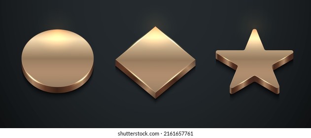 Set of realistic 3D golden geometric circle, square and star shapes object on black background luxury style. Collection badge, lable,  price tag,  pedestal for product display. Vector illustration