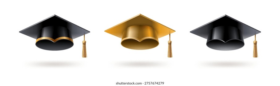 Set of realistic 3D graduation caps. Black and gold academic mortarboards with golden tassels isolated on white background. Vector illustration.
