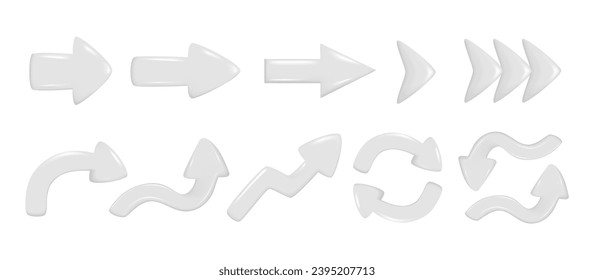 Set of realistic 3d gray glossy arrows. Different shape of pointer 3d direction icon. Collection of left, right, straight, up, down, round sign. Vector illustration isolated on white background