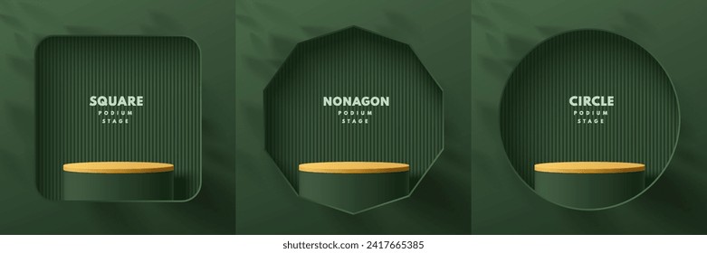 Set of realistic 3d green, yellow cylinder podium pedestal in square, nonagon and circle window background. Abstract studio room. Pastel minimal scene for products stage showcase, Promotion display.