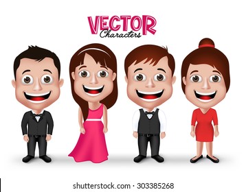 Set of Realistic 3D Groom and Party Characters Happy Smiling in Formal Dress Attire for Occasions Isolated in White Background. Editable Vector Illustration