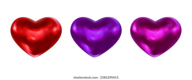 Set of realistic 3d hearts red, purple, violet colors. Vector illustration for romantic greeting card, invitation, design wedding, banner, flyer, poster, decoration