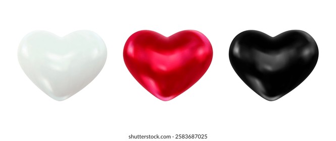 Set of realistic 3d hearts. Valentine's Day elements collection from glossy hearts white, red, black colors. Vector Illustration for design romantic events, valentine, certificate, banner.