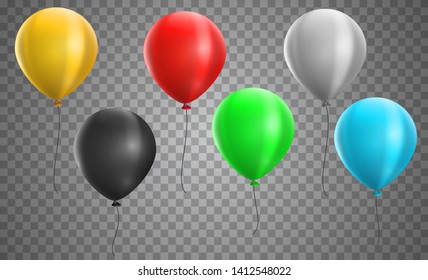 Set of realistic 3d helium balloons different colors isolated on transparent background. Vector illustration.