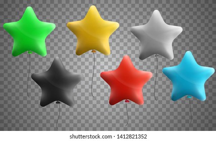 Set of realistic 3d helium balloons in star form isolated on transparent background. Vector illustration.