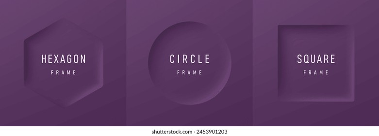 Set of realistic 3D in hexagon, circle and square frames on dark purple background. Minimal neumorphism frames background with copy space. Top view for product display. Light and Shadow. Vector EPS10.