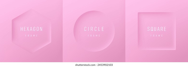 Set of realistic 3D in hexagon, circle and square frames on pink background. Pastel minimal neumorphism frames background with copy space. Top view for product display. Light and Shadow. Vector EPS10.