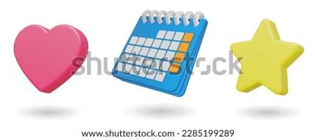 Set of realistic 3d icon red hart, calendar, yellow star. Vector Illustration. 3d red hart, calendar, yellow star icon isolated on white background. Interface button isolated on white.