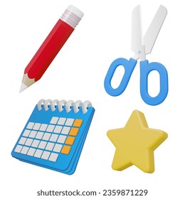 Set of realistic 3d icon scissors with handles, calendar, yellow star, red pencil. Vector Illustration. 3d scissors , calendar, yellow star, red pencil icon isolated on white background.