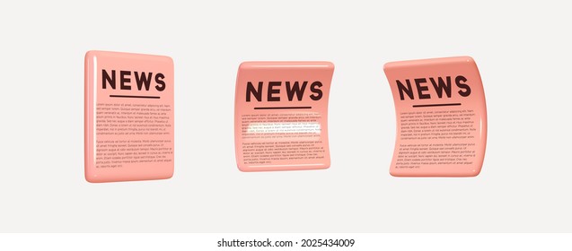 Set of realistic 3d icons news newspapers of different types flat, curved. Paper template isolated. Vector illustration