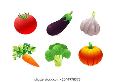 Un conjunto de iconos 3D realistas de verduras que son una fuente de caroteno. Brócoli, calabaza, zanahoria, berenjena, tomate.