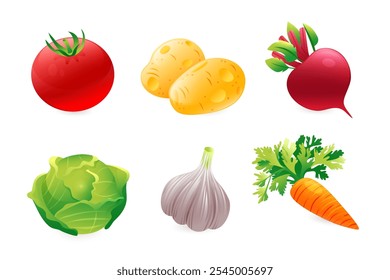 Conjunto de ícones 3D realistas de ingredientes vegetais para borscht. Beterraba, repolho, alho, batata, tomate, cenoura.