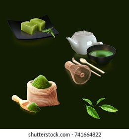 a set of realistic 3d illustration concept for tea ceremony(chado,sado) fine powder (matcha), tea leaf, dessert (yokan), a bowl and a tea brewing kit, isolated on dark green.