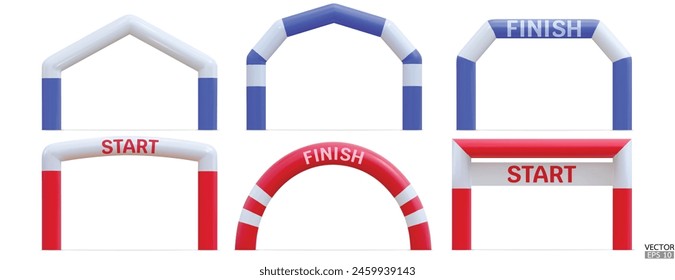 Set of Realistic 3D Inflatable start and finish arch for sports competitions. Inflatable archways, Arch gates of different shapes for different outdoor sport events like marathon racing.