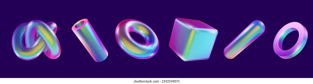 Set realistic 3d iridescent geometric shapes on dark background. Collection colorful metallic simple primitives in modern trendy style. Gradient vivid design elements. Minimal vector illustration.