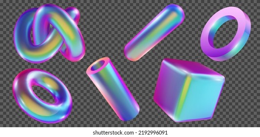 Set realistic 3d iridescent geometric shapes. Collection colorful metallic simple primitives in modern trendy style. Gradient vivid design elements. Minimal vector illustration.