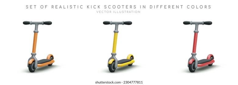 Set von realistischen 3D-Kick-Scooter in Rot, Orange und Gelb. Miet- und Fahrzeugverkaufskonzept. Ökologischer Transport, gesunder Lebensstil. Farbige Vektorgrafik