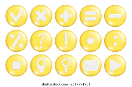 Set of realistic 3d mathematical symbol, location, mail envelope, search location, gps pointer marker, exclamation, question, percent, attention or caution icon, play and check sign on round shape. 