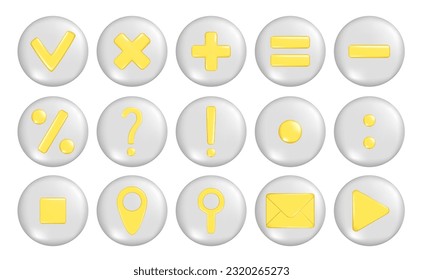 Set of realistic 3d mathematical symbol, location, mail envelope, search location, gps pointer marker, exclamation, question, percent, attention or caution icon, play and check sign on round shape. 
