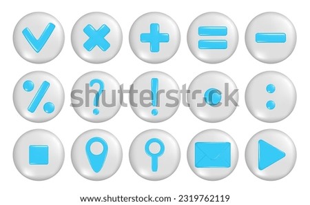 Set of realistic 3d mathematical symbol, location, mail envelope, search location, gps pointer marker, exclamation, question, percent, attention or caution icon, play and check sign on round shape. 