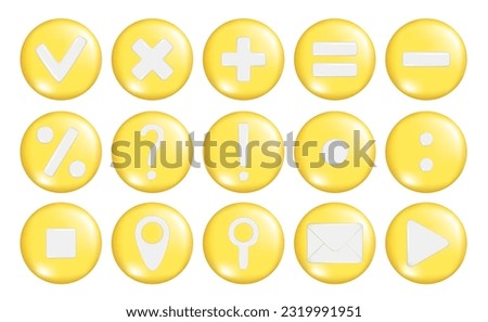 Set of realistic 3d mathematical symbol, location, mail envelope, search location, gps pointer marker, exclamation, question, percent, attention or caution icon, play and check sign on round shape. 