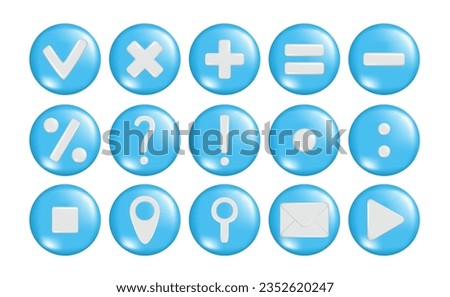 Set of realistic 3d mathematical symbol, location, mail envelope, search location, gps pointer marker, exclamation, question, percent, attention or caution icon, play and check sign on round shape. 