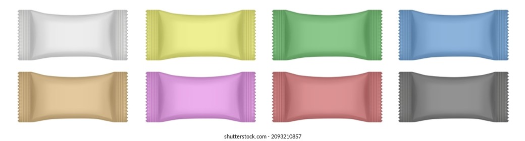 Set of realistic 3d mockups of a flow pack or sachet. Pouch. Lollypop, candy, chocolate bar or ice cream wrapper. Silver foil bag. Brown, black, blue, pink, green, yellow, red and grey packaging