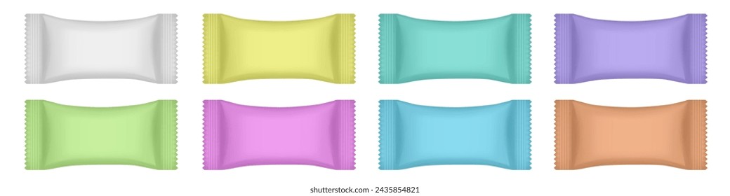 Set of realistic 3d mockups of a flow pack or sachet. Pouch. Lollypop, candy, chocolate bar or ice cream wrapper. Silver foil bag. White, yellow, orange, pink, green, blue and violet packaging