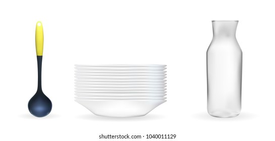 Set of Realistic 3D model of a deep white dish, ladle, glass jar. Vector Illustration. EPS10