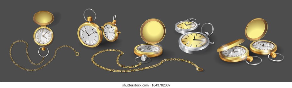 Set with realistic 3d models of gold, chrome and silver pocket watches. Collection of classic pocket Watches with chain Poster Design Template. Vector Illustration