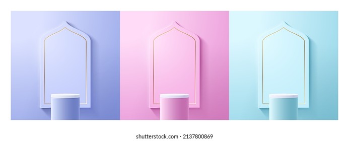 Set Of Realistic 3d Modern Islamic Podium In Blue, Pink, And Tosca Color. Realistic Vector